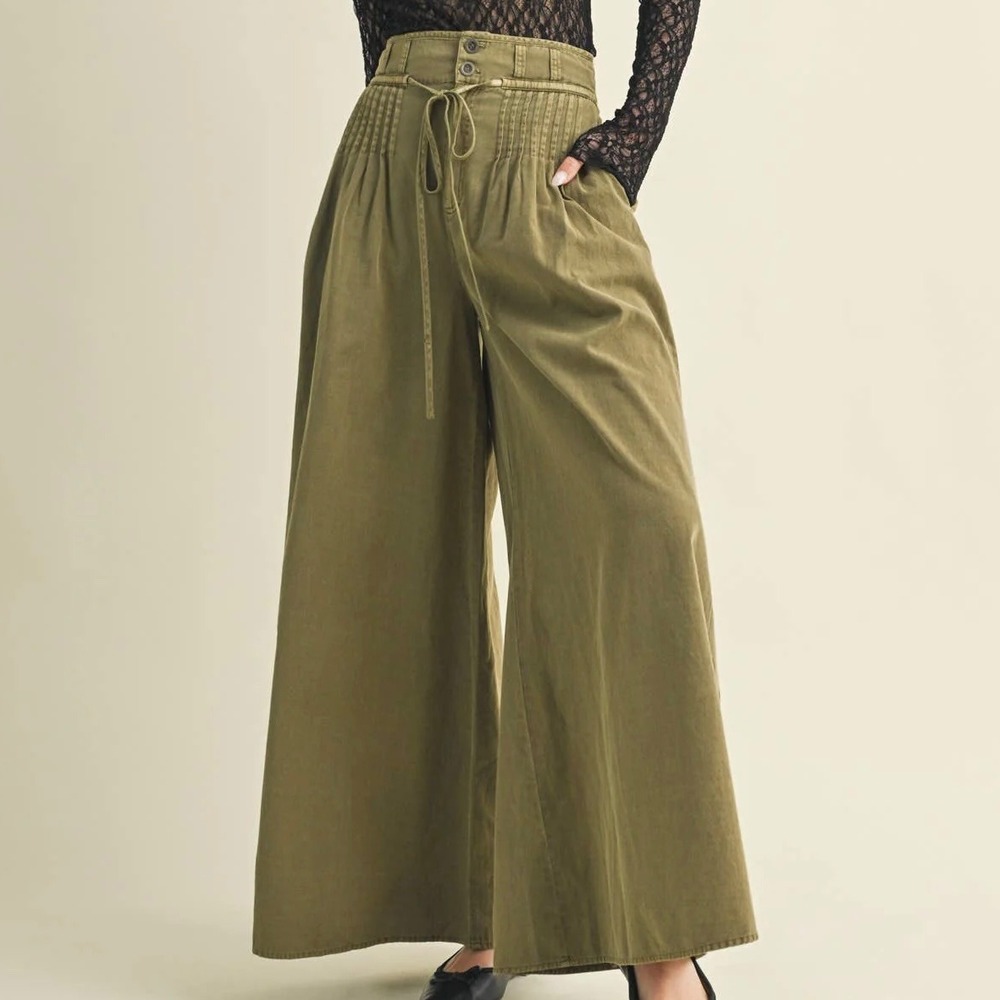 Mustard Seed Wide Leg Pants Small Olive Green Pintuck Pleated Cotton Tie Waist